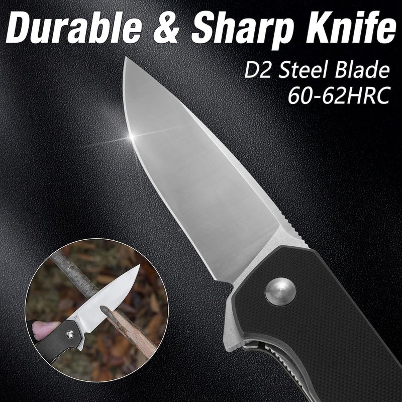 FLISSA Pocket Knife, Folding Tactical Knife with G10 Handle, D2 Blade, Liner Lock, Pocket Clip, EDC Knife for Hiking, Camping, Survival, Indoor and Outdoor Activities(Black) - Image 3